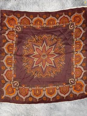 Vintage Paisley Square Scarf Brown Rust Orange Boho Western Rolled Edge 26”